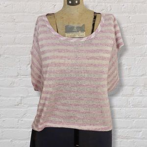 THX Purple Ivory Striped Linen Blend Short Sleeve Top Relaxed Fit